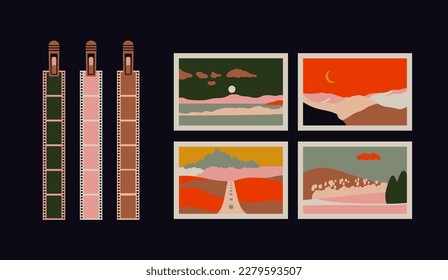 Hand drawn vector illustrations set with photos and developed film  suspended and gripped with clothespins. Photos of landscapes and nature. Dark room supplies. Retro photo printing concept.