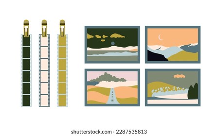 Hand drawn vector illustrations set with photos and developed film  suspended and gripped with clothespins. Photos of landscapes and nature. Dark room supplies. Retro photo printing concept.