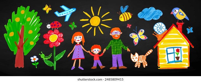 Hand drawn vector illustrations set of child drawing of family and house on chalkboard background