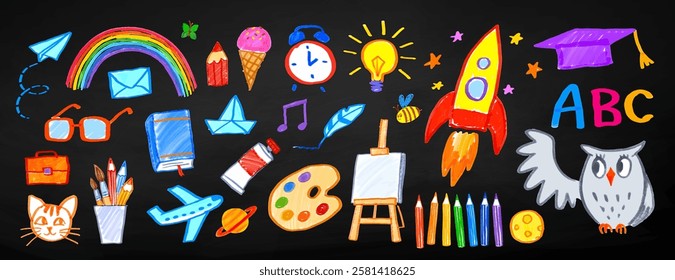 Hand drawn vector illustrations set of education doodles on chalkboard background