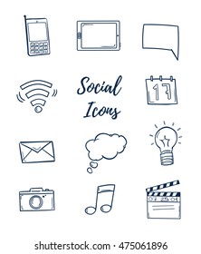 Hand drawn vector illustrations. Set of social icons. Doodle design elements