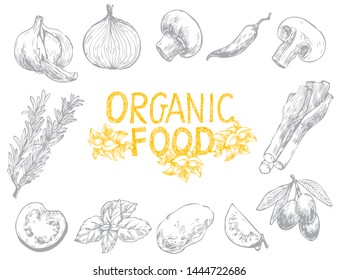 Hand drawn vector illustrations in sketch style. Ingredients for cooking: olives, hot peppers, tomato, onion, etc. Perfect for menu, cards, blogs, banners. Organic food set on the white background.
