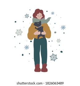Hand drawn vector illustrations. It's snowing and a girl is standing with her dog
