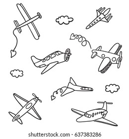 Hand drawn vector illustrations of some planes. Contour and line art style drawing. Could be used as print, poster, book page, card and textile.
