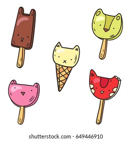 Hand drawn vector illustrations of some ice-cream in a waffle cone and popsicle. Color and line art style drawing. Could be used as print, poster, book page, card and textile.
