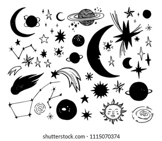 Hand drawn vector illustrations. Space elements. Cosmic doodle objects (planets, stars, moon, sun, constellation). Sketch style