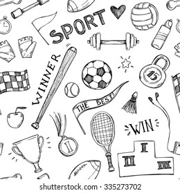 Hand drawn vector illustrations. Sport and fitness seamless pattern. Sketch background