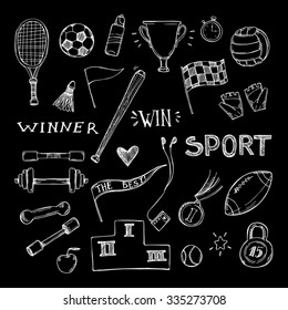 Hand drawn vector illustrations. Sport and fitness set. Sketch icons