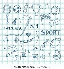 Hand drawn vector illustrations. Sport and fitness set. Sketch icons