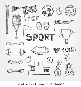 Hand drawn vector illustrations. Sport and fitness set. Sketch icons