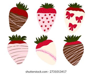 Ilustrações vetoriais desenhadas à mão de morango mergulhadas em chocolate branco, rosa e leite com granulado variado e pedaços de patíbulo