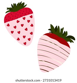 Ilustraciones vectoriales de fresa dibujadas a mano sumergidas en chocolate rosa con aspersiones, tiras y trozos de plumilla surtidos