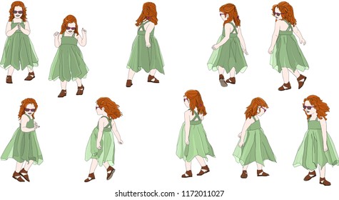 Hand drawn vector illustrations. A stylish fashion girl dances with different poses.