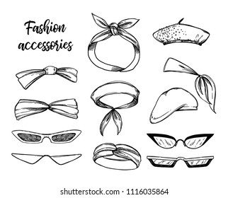 Hand drawn vector illustrations. Sunglasses and headpieces. Fashion accessories. Illustration in sketch style. Vintage decorative design elements.