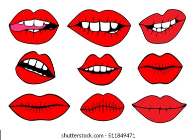 Hand drawn vector illustrations - Sweet lips. Mouth with teeth. Female red lips set isolated on white background. Perfect for invitations, greeting cards, quotes, blogs, posters.