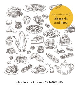 hand drawn vector illustrations of tea and desserts. sketch set illustration of  tea, sweets, cakes and desserts