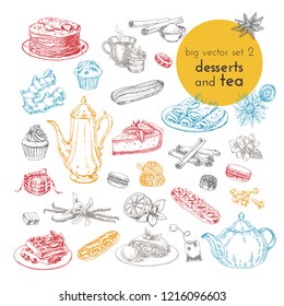 hand drawn vector illustrations of tea and desserts. sketch set illustration of  tea, sweets, cakes and desserts