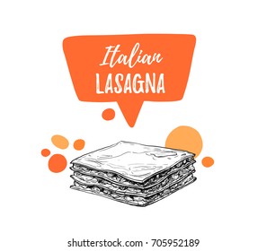 Hand drawn vector illustrations. Template - Lasagna. Italian food. Design elements in sketch style. Perfect for menu, delivery, blogs, restaurant banners, prints etc