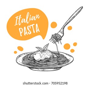 Hand drawn vector illustrations. Template - Pasta. Italian food. Design elements in sketch style. Perfect for menu, delivery, blogs, restaurant banners, prints etc

