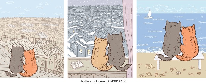 Hand drawn vector illustrations of two romantic domestic cats sitting together on roof, at window, on seashore