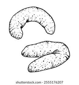 A hand drawn vector illustrations of a vanilla crescent shaped cookie with a textured. Monochrome sketch of crumbly, soft pastry, ideal for bakery branding, culinary projects, or food themed designs.