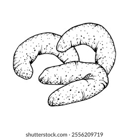 A hand drawn vector illustrations of a vanilla crescent shaped cookies with a textured. Monochrome sketch of crumbly, soft pastry, ideal for bakery branding, culinary projects, or food themed designs.