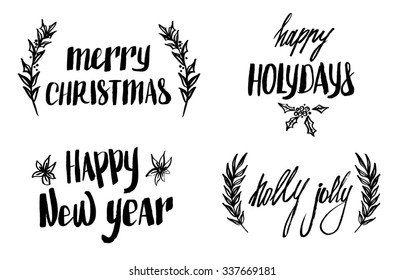 Hand drawn vector illustrations. Vintage decorative kit of christmas laurels and quotes. Perfect for invitations, greeting cards, blogs, posters and more. 