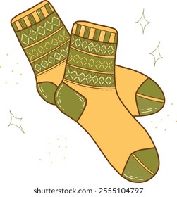 Hand drawn vector illustrations of warm socks. Knitted wool clothing. Outlines of elements of winter clothing. Winter is coming