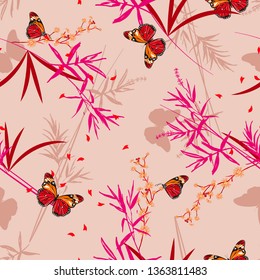 Dibujo Vector dibujado a mano. Patrón sin inconvenientes Floral con mariposas orientales en el jardín de bambú. Diseño para moda, tela, papel pintado, web y todas las impresiones en color rosa