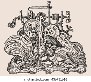 Hand drawn vector illustration.Surreal  mechanical Dragon, fantasy engin  in steampunk style.