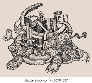 Hand drawn vector illustration.Surreal mechanical Turtle, fantasy engine  in steampunk style.