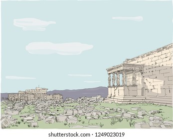 Hand drawn vector illustration-The beautiful Caryatid Porch with sculpture pillars. part of the ancient Erechtheion temple in the Acropolis in Athens, Greece. Classical architecture. Propylaea behind.