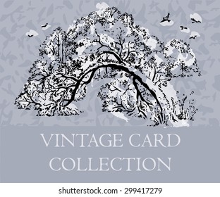 Hand drawn vector illustration.Winter landscape, the fallen tree under snow, the wood and the flying birds.