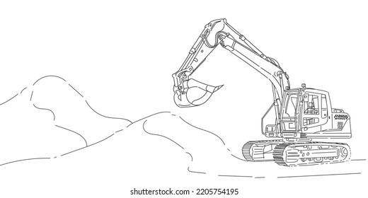 hand drawn vector ilustration of excavator on a construction site or in a quarry 