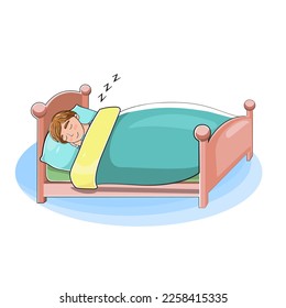 Hand drawn vector image with boy sleeping in his bed, cute children illustration 