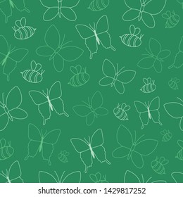 Hand drawn vector image. Butterflies, bees and flower seamless pattern. Perfect for fabrics, gift wrap, notebooks, scrapbooking, and more.
