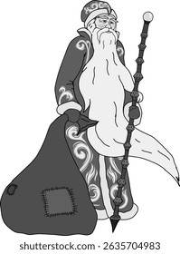 Hand drawn vector image of Ded Moroz, Russian Father of New Year or Christmas. Black and white version.