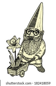 Hand drawn vector image of hipster gnome in spring.