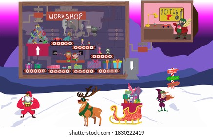 A hand drawn vector image ideal for Christmas. This pack contains a toy factory and a toy maker. Included in this pack is also a younger Santa with other characters - release your imagination