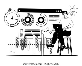 hand drawn vector image of a man analyzes business and introduces new ideas