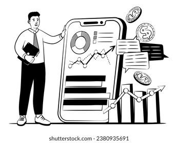 hand drawn vector image of a man shows how you can do business in a smartphone