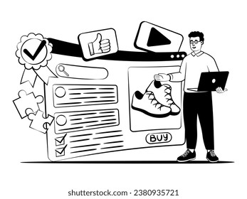 hand drawn vector image of man who talk about online commerce and results