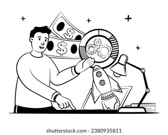 hand drawn vector image of man who launches the new digital startup