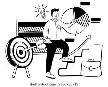 hand drawn vector image of manager who shows business achievement