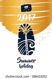 Hand drawn vector image with palm tree and sea. Concept design for print on t-shirt. Logo for travel agency 2017.