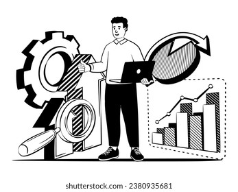hand drawn vector image of person studies statistics and business technology