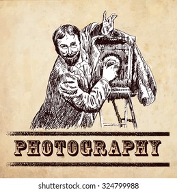 Hand drawn vector image of photographer making a photo. In the style of vintage illustration