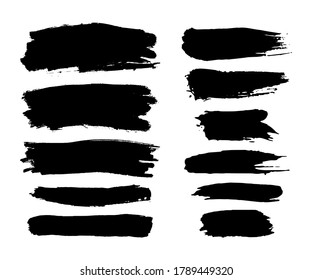 Hand drawn vector ink brush strokes, black paint spot set. Dirty paint blobs and daubs artistic backgrounds. Grunge texture scribbles design element isolated on white. Stains shape and silhouettes