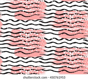 Hand drawn vector ink brush textured abstract sea waves seamless pattern.Pastel,black and white colors.Summer trent textured background.Polka dot pattern.Paint background.Pink paper background.