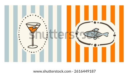 Hand drawn vector ink doodle martini glass with olive and sardine fish illustration. Trendy tropical block print vertical stripe background.  Boho, beach, coastal  card template.